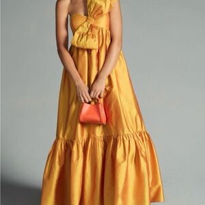 ATSU ANTHROPOLOGIE Bow Midi Dress Orange/gold Ruffle One Shoulder Size SMALL